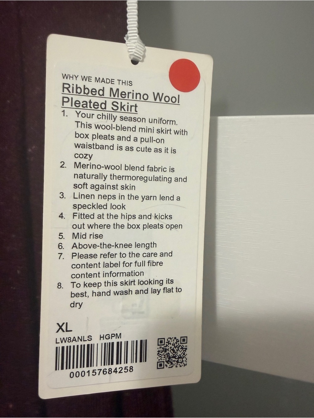 Lululemon Ribbed Merino Wool Pleated Skirt Burgundy - Picture 8 of 9